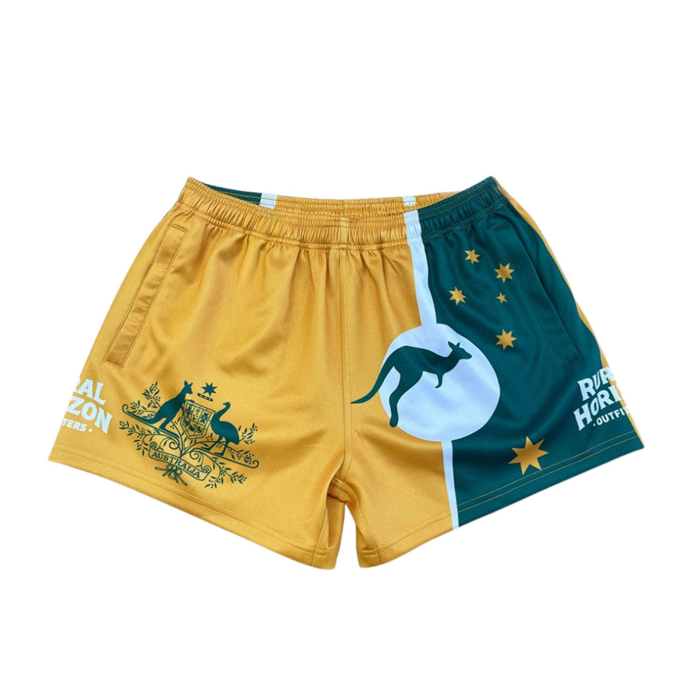 Yellow and green shorts with kangaroo design on a white background